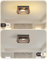GOEBLESON Light Fixtures Ceiling Flush Mount, Farmhouse Hallway Close to Ceiling Light, Metal Frame Wood Grain, Rustic 2-Light Light Fixtures for Dining Room, Kitchen, Living Room, Brown Black GOEBLESON