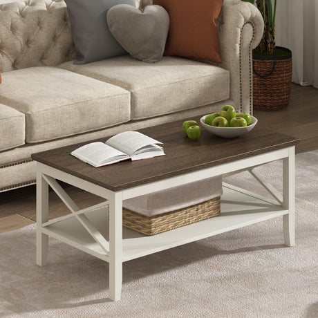 ChooChoo Farmhouse Coffee Table, Wooden Coffee Table with Thicker Legs, White Coffee Table with Storage for Living Room ChooChoo