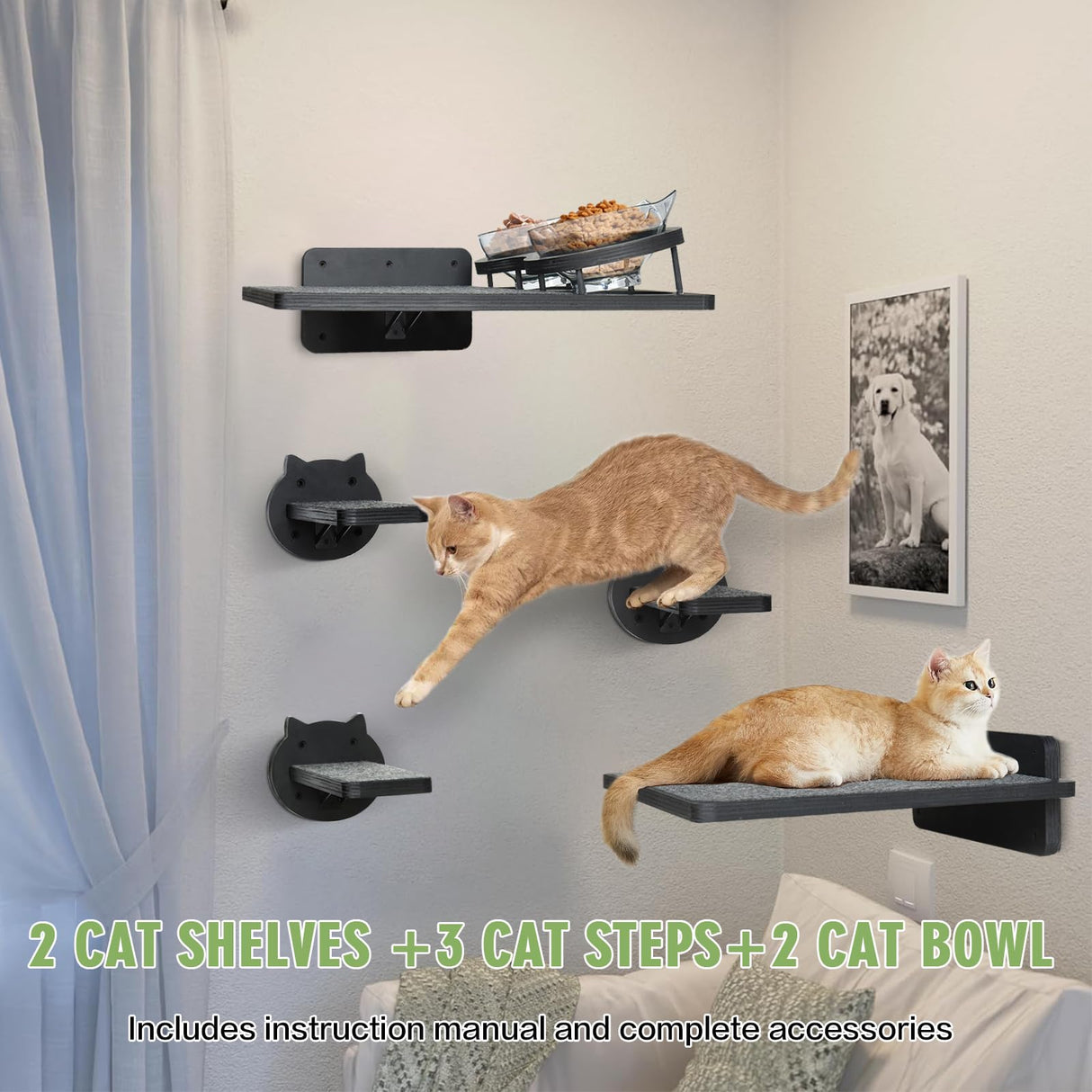 Cat Wall Shelves, Wood Cat Shelves for Wall with Feeding Station, Wall Furniture with 3 Steps, Cat Shelves and Perches Climbing Shelf, Lover Gift, 3 Board ANRXNCY