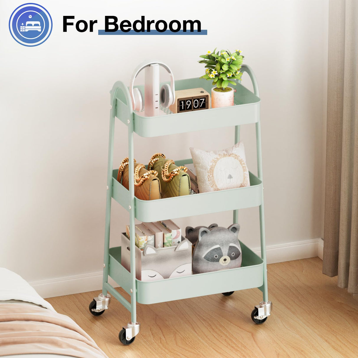 DUMOS 3 Tier Metal Rolling Storage Cart with Lockable Wheels, Mobile Shelving Unit Utility Rolling Organizer for Office, Bathroom, Kitchen, Laundry Room & Narrow Places, Green DUMOS