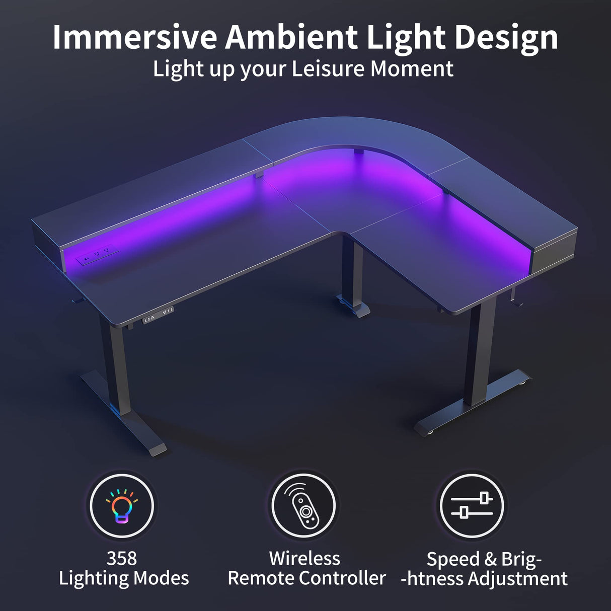 FEZIBO L Shaped Standing Desk with Arc LED & Power Outlet, Exclusive Uprated 3 Motors Support 330LBS, Electric Height Adjustable L Shaped Desk with Large Monitor Stand, for Gaming Office, Black FEZIBO