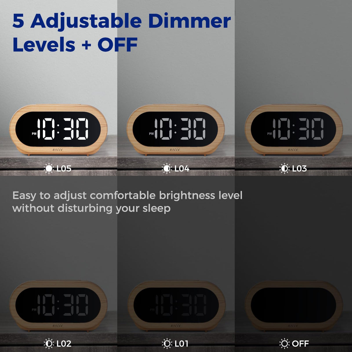 uscce Small Digital Clock for Bedroom: 6 Dimmable Brightness 4 Alarm Volume - Plug in Clock with Easy Operation for Bedside Desk Wood Grain uscce