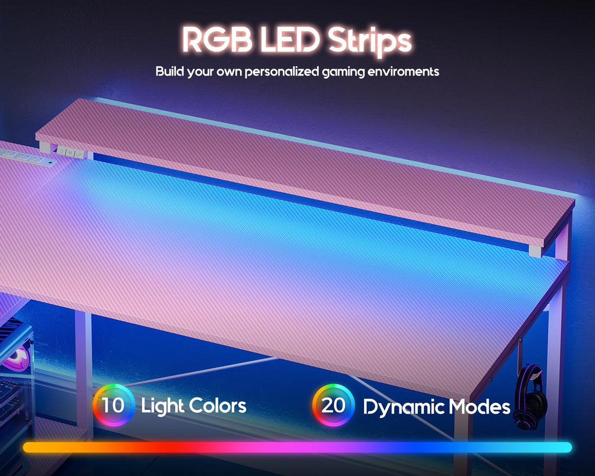 MOTPK Pink Gaming Desk with Led Lights & Power Outlet, 47 Inch Gaming Computer Desk with Shelves, Reversible Gamer Desk Table with Adjustable Monitor Stand & Headphone Hook, Carbon Fiber Texture MOTPK