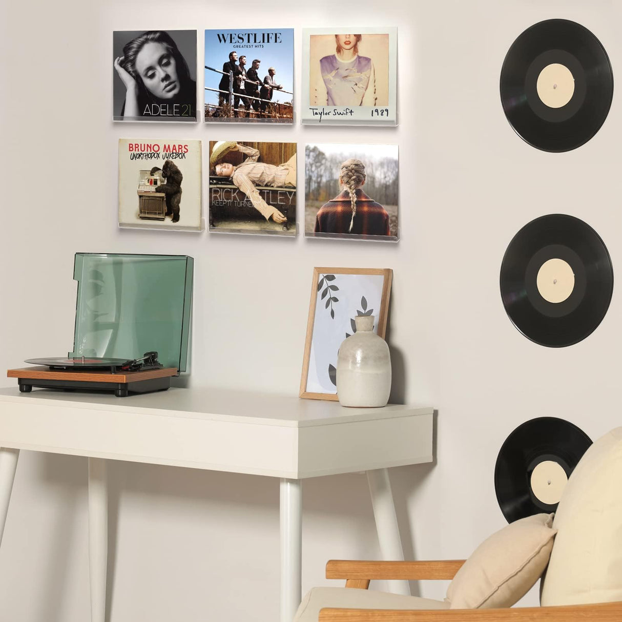 Laurensory Vinyl Record Shelf Wall Mount, 12 inch Clear Acrylic Album Record Holder Display, Floating Shelves for Wall, Magazine Shelf, Kids Bookshelf, Suitable for Bedroom, Living Room, etc.—6 Pack Laurensory