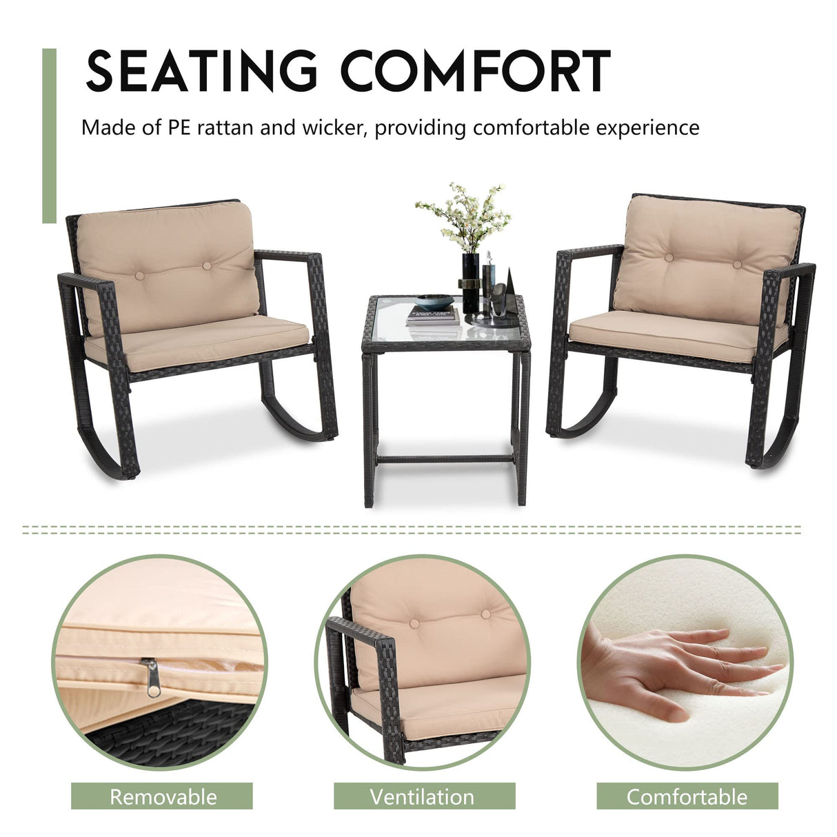 FDW Wicker Patio Furniture Outdoor Bistro Set, Rocking Chair, 3 Piece, Rattan Conversation Set for Backyard Porch Poolside Lawn with Coffee Table,Black FDW