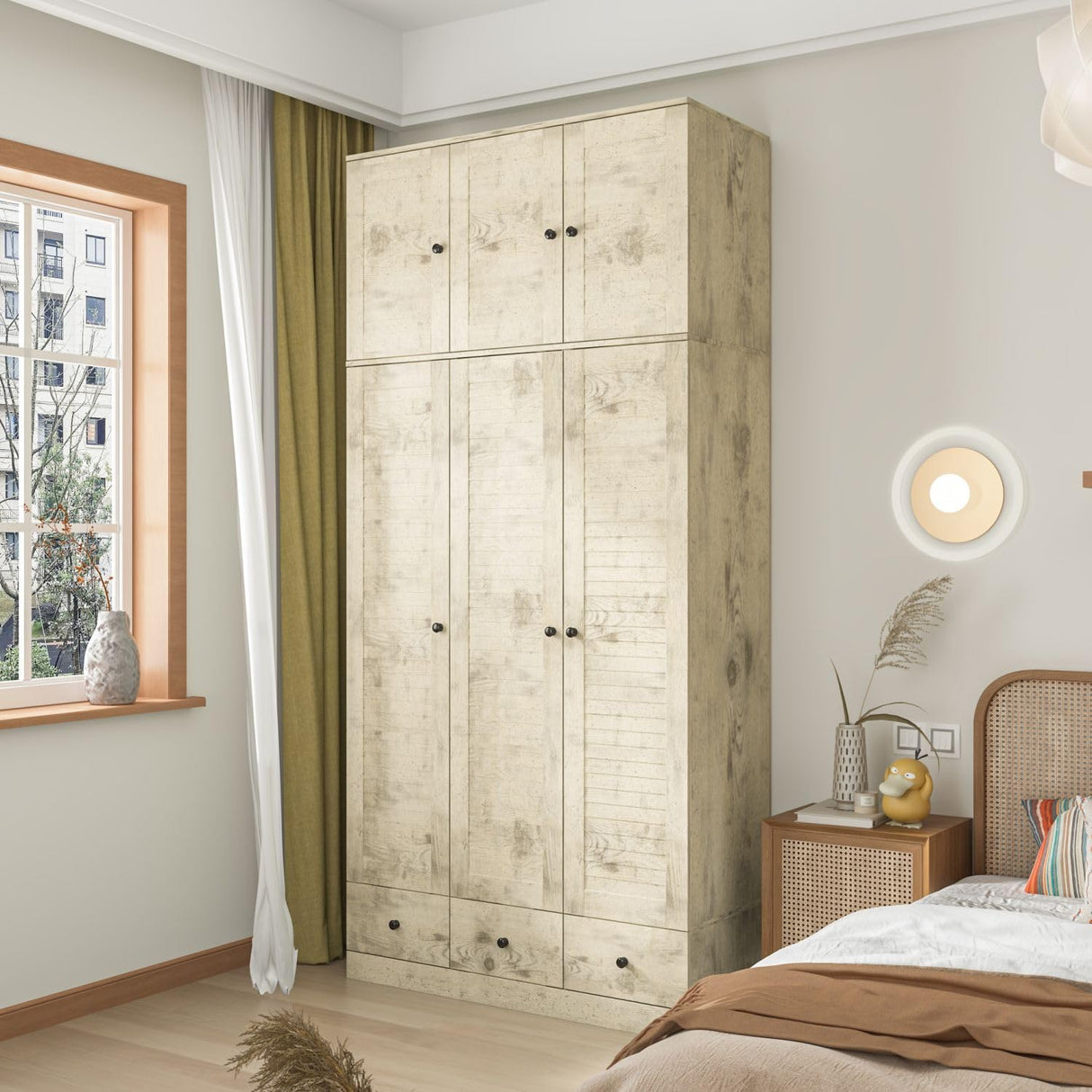 MOUMON 3 Shutter Door Wardrobe Armoire Closet with Shelves and 3 Drawers, Armoire Wardrobe Closet with Hanging Rod, Top Cube Storage, for Bedroom Wood Grain (44.3”W x 19”D x 94.5”H) MOUMON