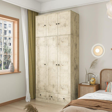 MOUMON 3 Shutter Door Wardrobe Armoire Closet with Shelves and 3 Drawers, Armoire Wardrobe Closet with Hanging Rod, Top Cube Storage, for Bedroom Wood Grain (44.3”W x 19”D x 94.5”H) MOUMON