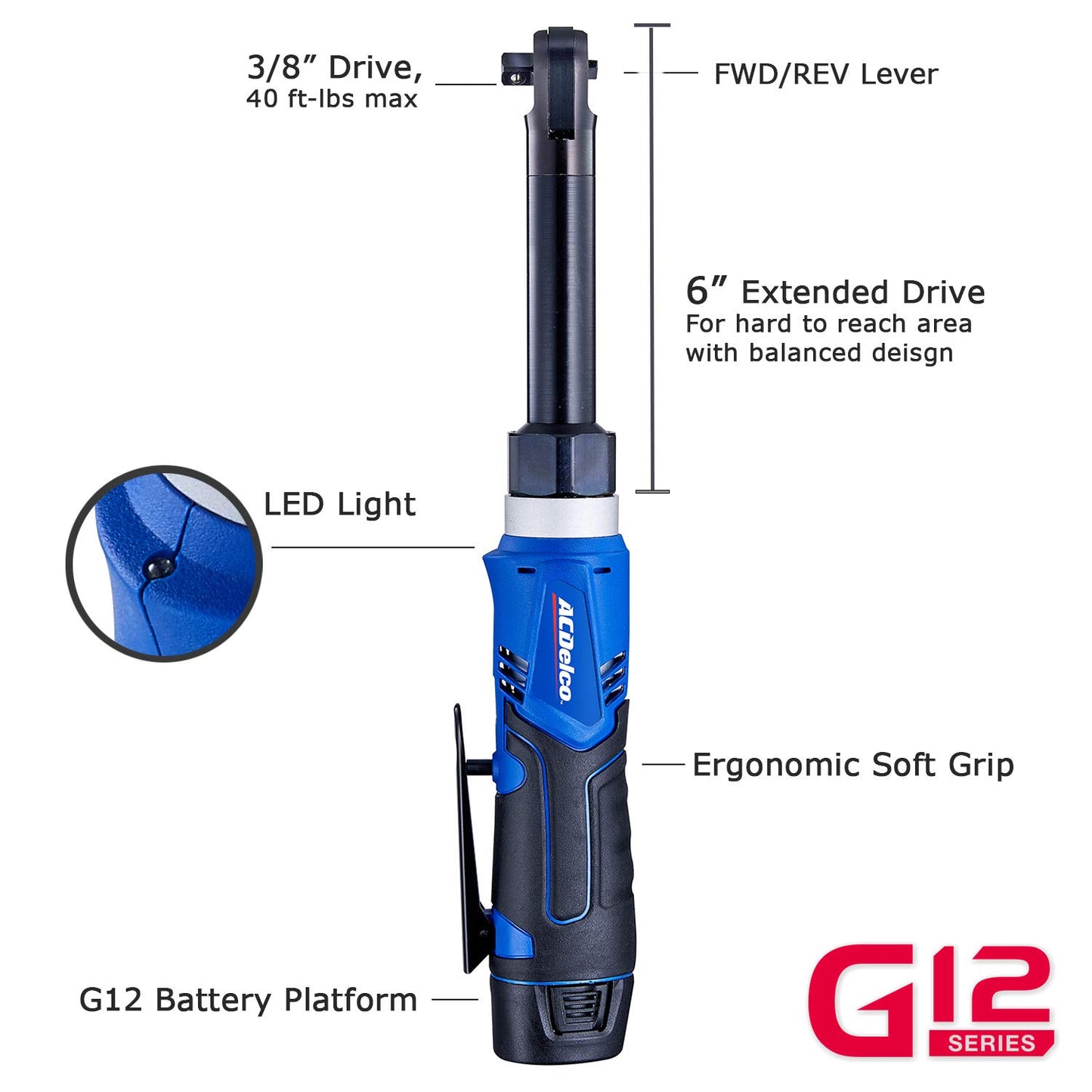 ACDelco ARW1218-K18 G12 Series 12V Li-ion Cordless 3/8” Extended Rachet Wrench & ¼” Ratchet Wrench Combo Tool Kit,Blue/Red - WoodArtSupply