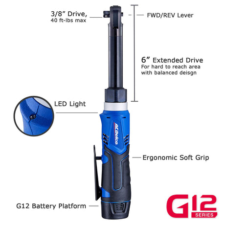 ACDelco ARW1218-K18 G12 Series 12V Li-ion Cordless 3/8” Extended Rachet Wrench & ¼” Ratchet Wrench Combo Tool Kit,Blue/Red ACDelco