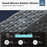 MFSTUDIO 4 Piece Wicker Patio Furniture Set, L Shaped Small Rattan Patio Sectional Sofa Couch Outdoor Conversation Sets with Navy Blue Cushions, Storage Box, Glass Coffee Table for Garden, Backyard MFSTUDIO