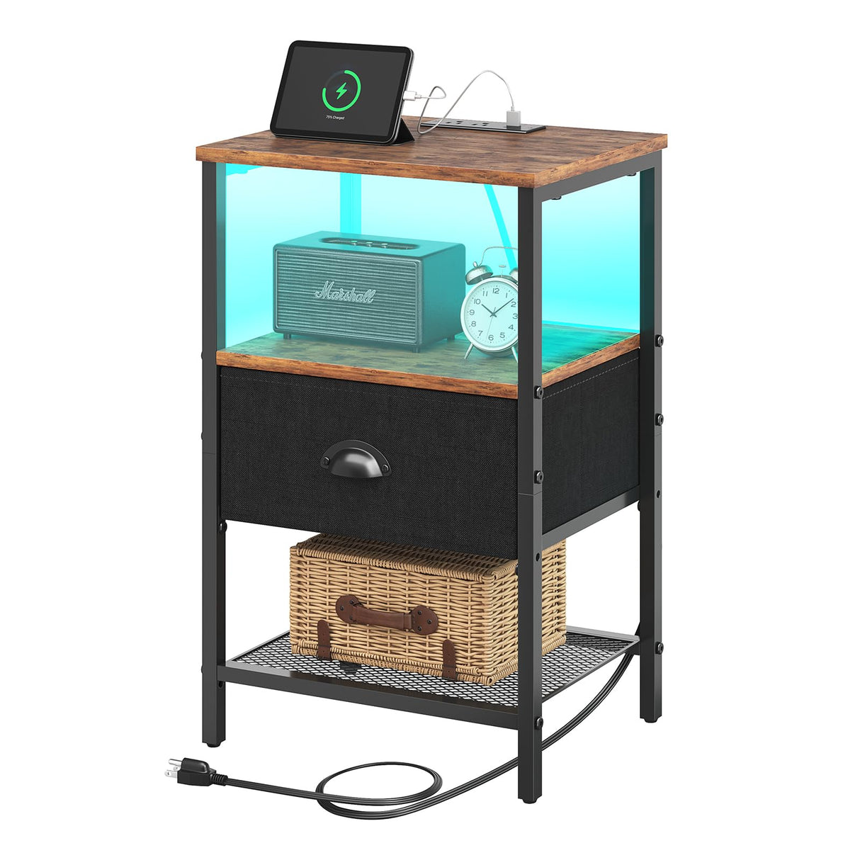 Sthmec Nightstands with Charging Station, LED Bedside Tables with Charging Station and Fabric Drawer, Night Stand with Storage, 3 Tier Side Table with Open Shelf,Nightstand Bedside Table,Rustic Brown WoodArtSupply