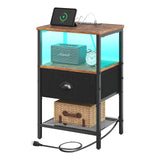 Sthmec Nightstands with Charging Station, LED Bedside Tables with Charging Station and Fabric Drawer, Night Stand with Storage, 3 Tier Side Table with Open Shelf,Nightstand Bedside Table,Rustic Brown WoodArtSupply