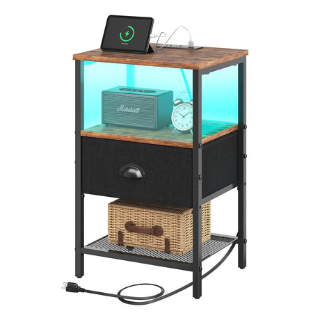 Sthmec Nightstands with Charging Station, LED Bedside Tables with Charging Station and Fabric Drawer, Night Stand with Storage, 3 Tier Side Table with Open Shelf,Nightstand Bedside Table,Rustic Brown WoodArtSupply