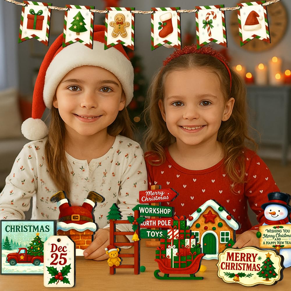 18pcs Christmas Tiered Tray Decoration Set - Santa Claus Snowman Christmas Tree Gingerbread Man Tiered Tray Decoration, Farmhouse 3D Winter Sign for Home, Farmhouse Tabletop, Office Desk Decoration kauomi