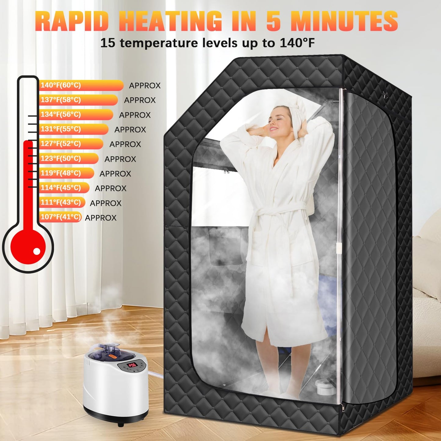 Upgraded Portable Steam Sauna, Portable Sauna Box for Home, Home Sauna Tent Full Body, 1200W 3L Steam Generator, 99 Minute Timer, Folding Chair, Remote Control Included(Black)