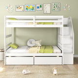 KOMFOTT Wood Twin Over Twin Bunk Bed with Storage Drawers & Stairs, Bunk Beds with Bookcase & Safety Guardrail, Solid Wood Slatted Bunk Bed for Kids Teens Adults, No Box Spring Needed (White) KOMFOTT