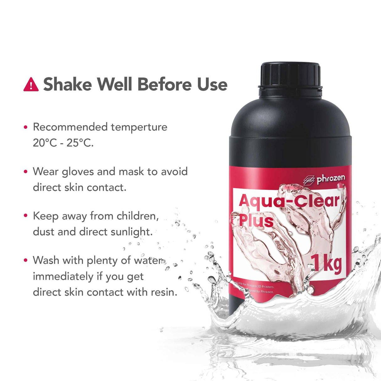 phrozen 3D Printer Rapid Resin [Aqua Clear Plus], 405nm LCD UV-Curing Photopolymer Resin, Low Shrinkage, Transparent Visual, Low Odor, Non-Brittle, Easy to Print, Fast Printing (1KG) phrozen