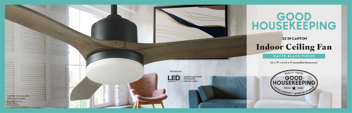 Good Housekeeping Canton (63010-MB) 52" Indoor Ceiling Fan with Carved Wood Blades, Integrated LED, and Remote Control (Matte Black) Good Housekeeping