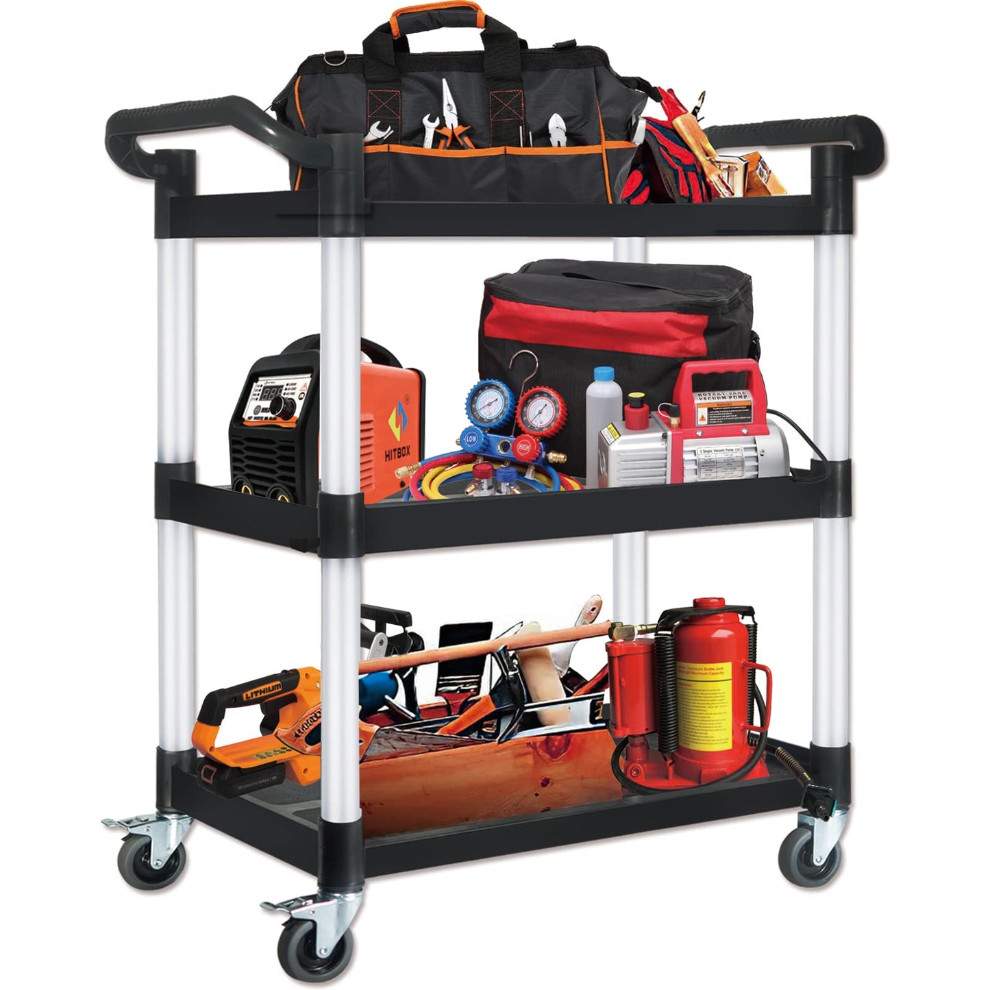 ANRYAGF Utility Carts with Wheels, 3 Tier Rolling Cart with Wheels, Kitchen Food Cart on Wheels, Heavy Duty Cart 510 lbs Capacity, Lockable Wheels, Rubber Hammer, 16.9" D x 31.5" W x 39.5" H