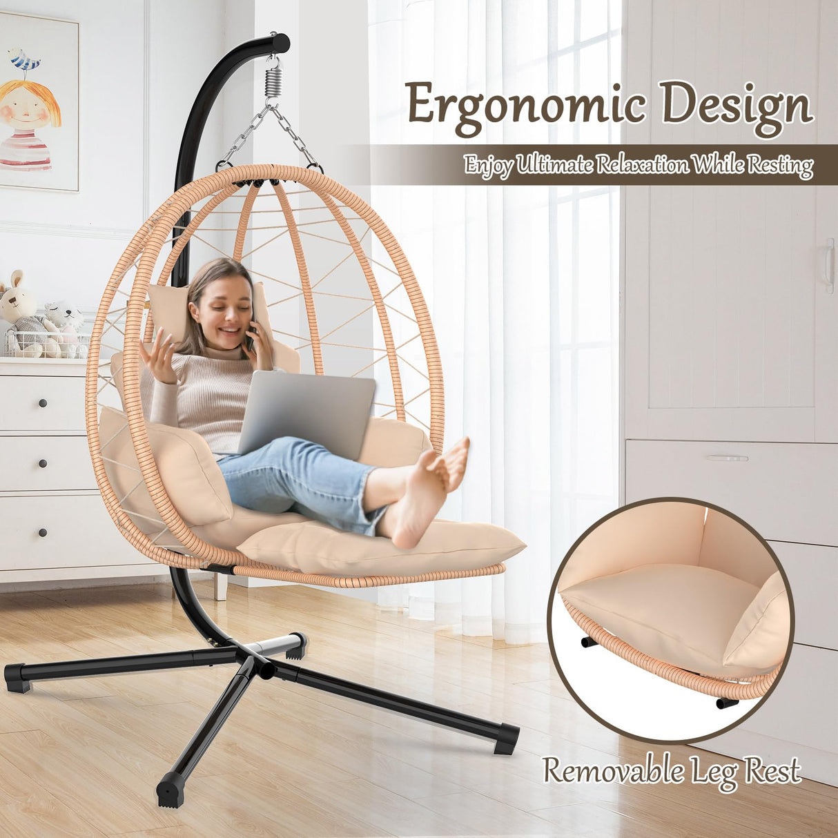 ZENPETIO Heated Hanging Egg Chair with Stand & Leg Rest, Rattan Wicker Swing Chair with UV Resistant Cushion and Pillow, for Indoor Outdoor Bedroom Patio Hanging Basket Chair 370lbs Capacity, Brown ZENPETIO