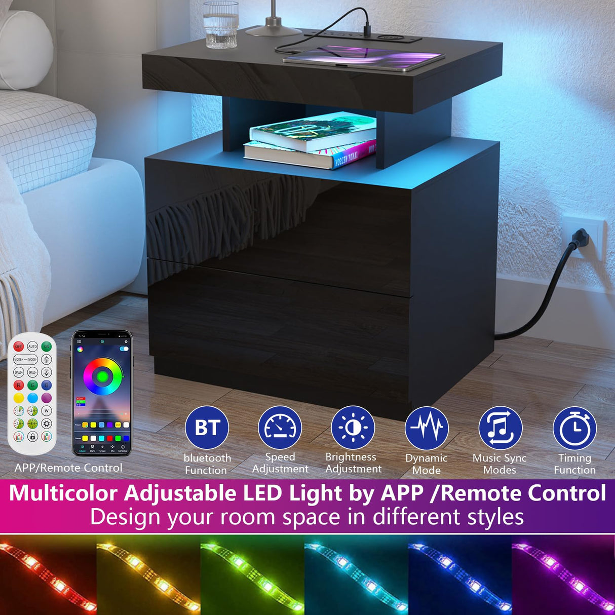 HOMMPA LED Nightstand with Wireless Charging Station & USB Ports, Modern Bedside Table, Black Night Stand with Open Compartment, Smart Nightstand High Gloss Surface for Bedroom HOMMPA