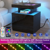 HOMMPA LED Nightstand with Wireless Charging Station & USB Ports, Modern Bedside Table, Black Night Stand with Open Compartment, Smart Nightstand High Gloss Surface for Bedroom HOMMPA