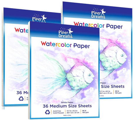Piper Dreams - Total of 108 Sheets (11.7" x 8.3") of Heavy Stock Watercolor Paper - Loose White Sheets. Perfect for Water Coloring, Art, Drawing, Sketching and Most Mixed Media - 160 GSM Piper Dreams