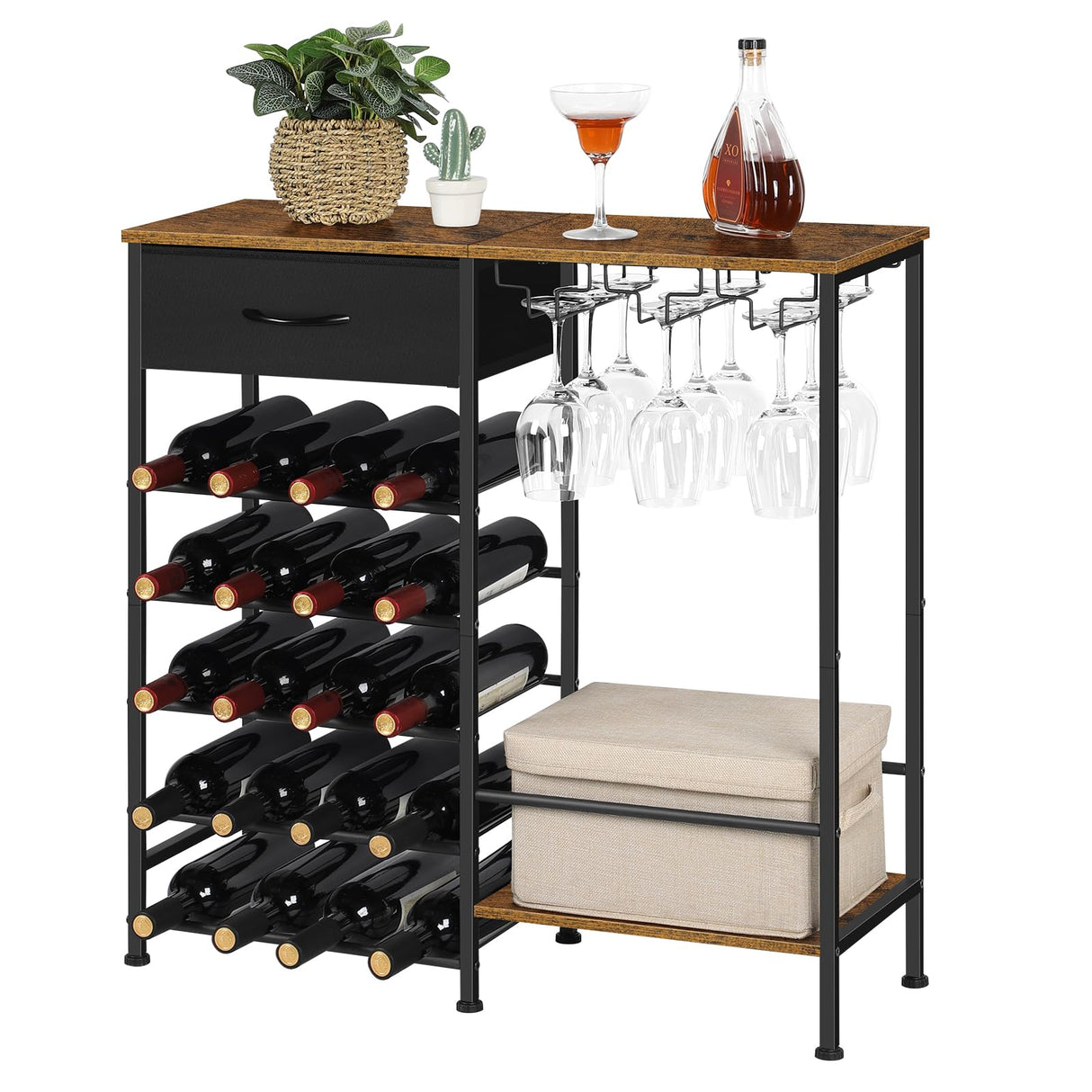 OYEAL Wine Rack Freestanding Floor, 5 Tier Display Wine Storage Shelves with Glass Holder & Fabric Drawer, 20 Bottles Liquor Cabinet Bar Stand for Home Bar, Kitchen Living Room, Rustic Brown OYEAL