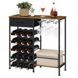 OYEAL Wine Rack Freestanding Floor, 5 Tier Display Wine Storage Shelves with Glass Holder & Fabric Drawer, 20 Bottles Liquor Cabinet Bar Stand for Home Bar, Kitchen Living Room, Rustic Brown OYEAL