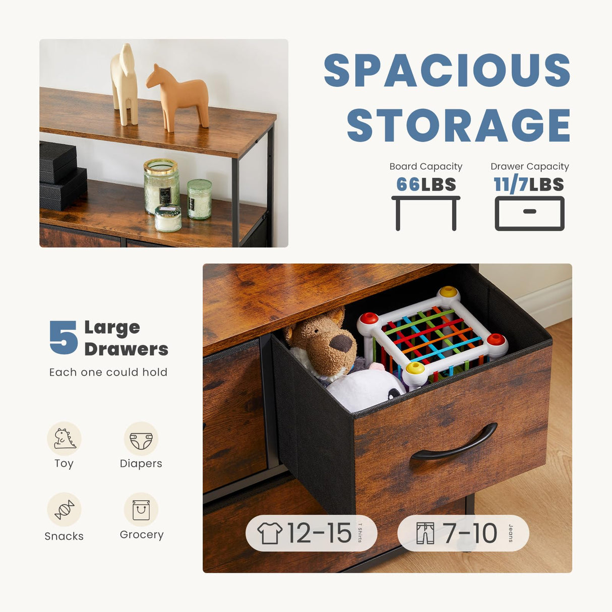 DUMOS TV Stand Dresser for Bedroom Entertainment Center with 5 Fabric Drawers Storage Organizers Units, Media Console Table with Open Shelf up for 45" Television for Living Room, Dorm, Brown DUMOS