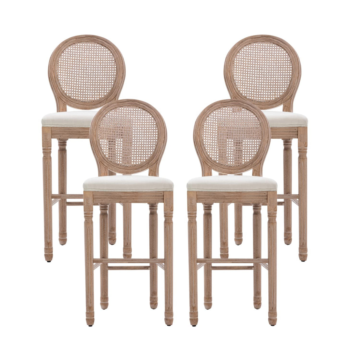 Nrizc Farmhouse Bar Stools Set of 4, French Country BarStools with Solid Wood Frame and Upholstered, Rattan Back Kitchen Bar Stool for Dining Room, Kitchen Nrizc
