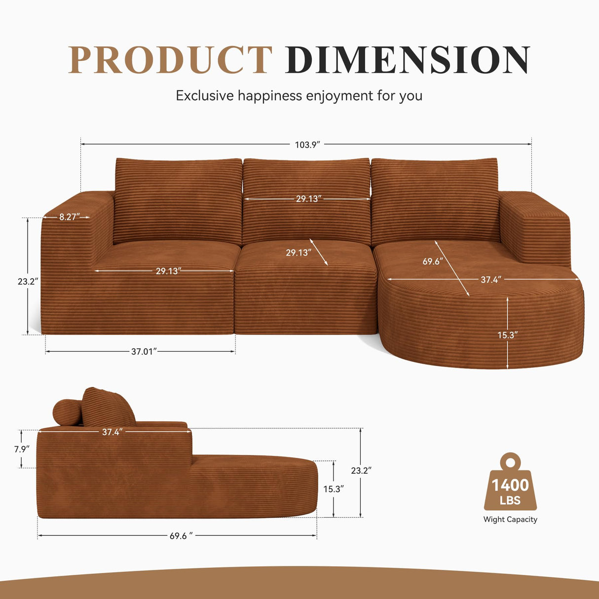 Modular Sectional Sofa with L-Shape Chaise,Cloud Sectional Modern Sleeper Couch with Deep Seat,Sponge Compression Sofas No Assembly Required(Brown-Corduroy Fabric) 1PCS Luxanimarion