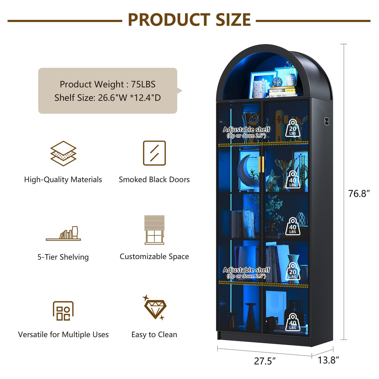 Dystler Arch Display Cabinet with Doors and Adjustable Shelves, 76" Tall Curio Cabinet with LED Lights/Storage Space, 6 Tier Display Case Bookcase for Collectibles Bedroom Living Room Office, Black Dystler