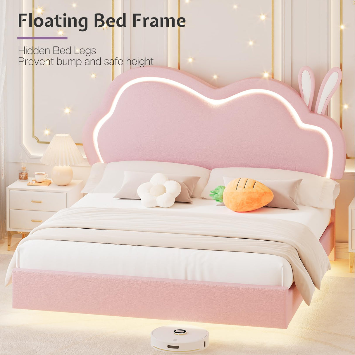 Jocisland LED Full Bed Frame for Girls Upholstered Floating Bed with Cute Cloud Headboard, No Box Spring Needed, Leather, Pink Jocisland