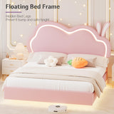 Jocisland LED Full Bed Frame for Girls Upholstered Floating Bed with Cute Cloud Headboard, No Box Spring Needed, Leather, Pink Jocisland