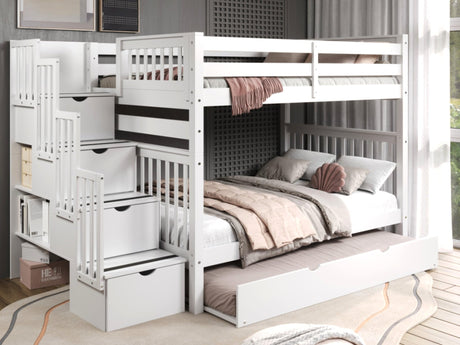 Bedz King Stairway Bunk Beds Full over Full with 4 Drawers in the Steps and a Twin Trundle, White Bedz King