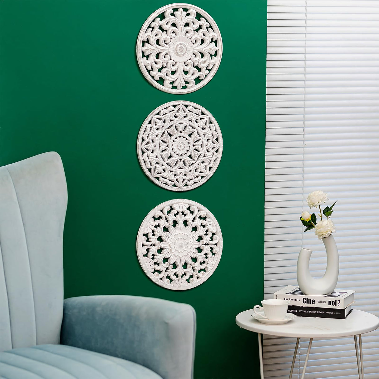 Walasis White Wall Decor Carved Medallion - Rustic Wood Wall Art Decorative Distressed Hanging Decorations Farmhouse Home Decoration for Living Room Bedroom Kitchen Bathroom Set of 3 Walasis