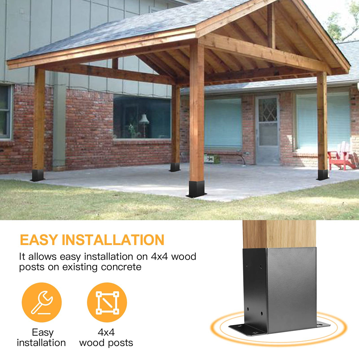 4 x 4 Post Base 6 PCS,Inner Size 3.6"x3.6"Deck Post Base,Heavy Duty Metal Black Powder Coated Post Brackets,for Pavilion Deck Railing Support Deck Base Plate, Support Bolt Down Likeem