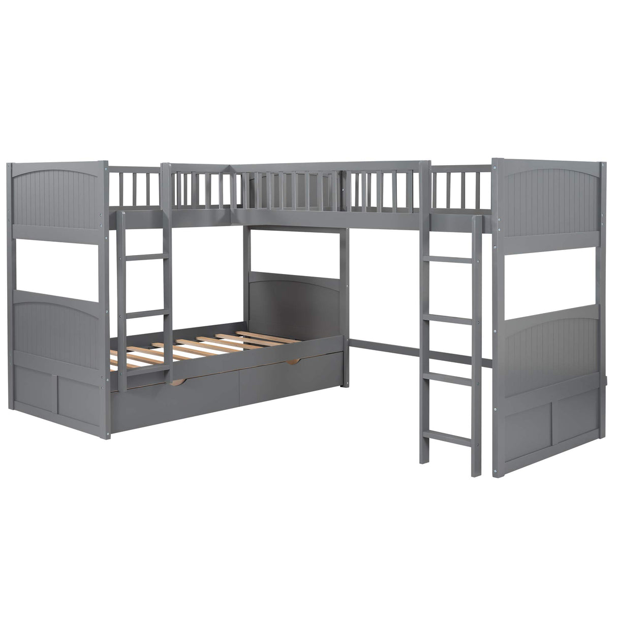 Merax Wooden Triple Bunk Bed with Loft Bed Attached, L-Shaped Bunk Bed for 3 Kids Teens Adults, Twin & Twin Over Twin Bunk Bed with Built-in Ladder, High Guardrail & Slats, No Box Spring Needed, Gray Merax