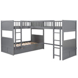 Merax Wooden Triple Bunk Bed with Loft Bed Attached, L-Shaped Bunk Bed for 3 Kids Teens Adults, Twin & Twin Over Twin Bunk Bed with Built-in Ladder, High Guardrail & Slats, No Box Spring Needed, Gray Merax