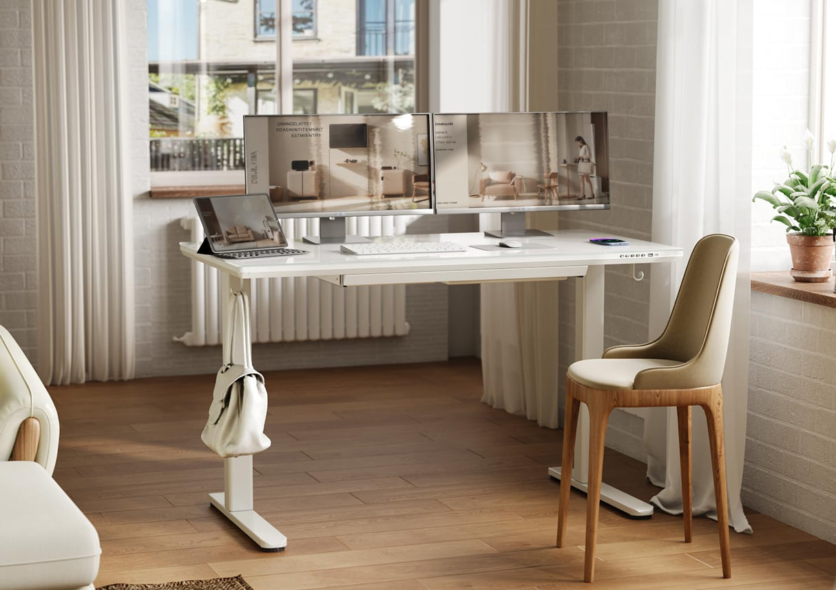 INNOVAR Wireless Charging Glass Standing Desk with Drawers, Adjustable Height Stand Up Desk, Electric Standing Desk with Storage, 55 inch, Super White INNOVAR