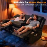 SENYUN 3-Seater Recliner Sofa, Flip Middle Backrest Manual Reclining Couch with Storage Drawer, Phone Holder and USB A&C Ports, Loveseat Recliner for Home Theater,Living Room,RV(Leather,Brown) SENYUN