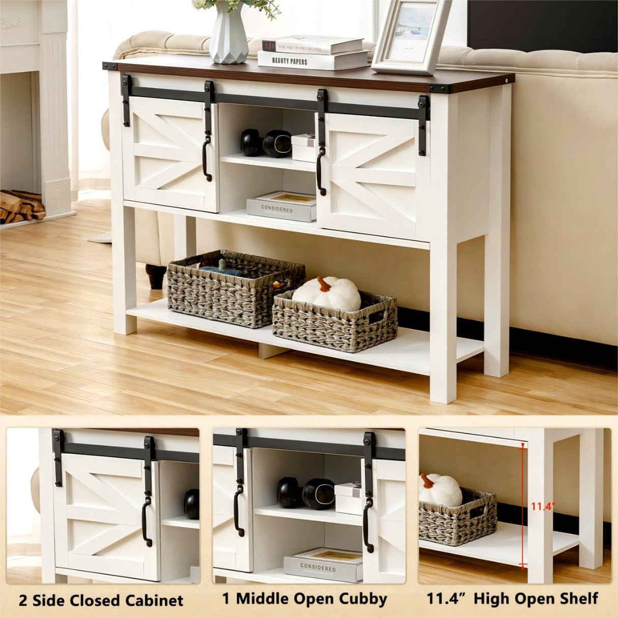 GAZHOME Entryway Table with Sliding Barn Doors, 46'' Farmhouse Console Table with Storage, Rustic Sofa Table with Adjustable Shelf & Open Shelf for Entry Way, Hallway, Living Room, White GAZHOME