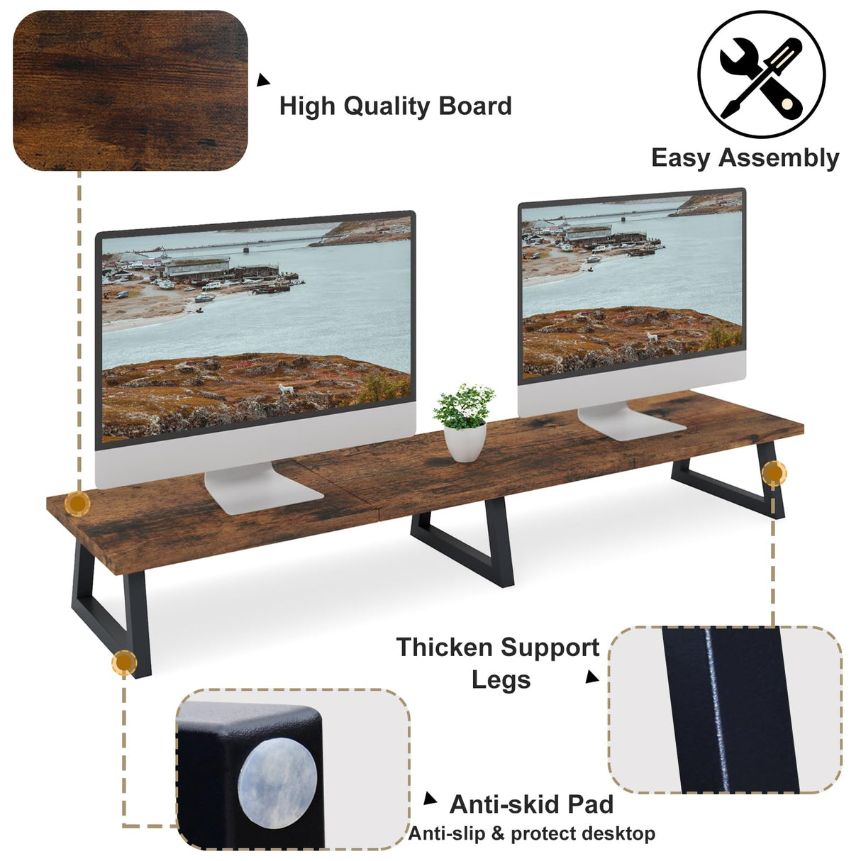 TEAMIX 42 inch Large [Dual] [Monitor] [Riser],Rustic Brown Extra Long TV [Stand Wood & Steel Desktop [Riser] with Storage for [Dual] Screen Office Desk Organization TEAMIX
