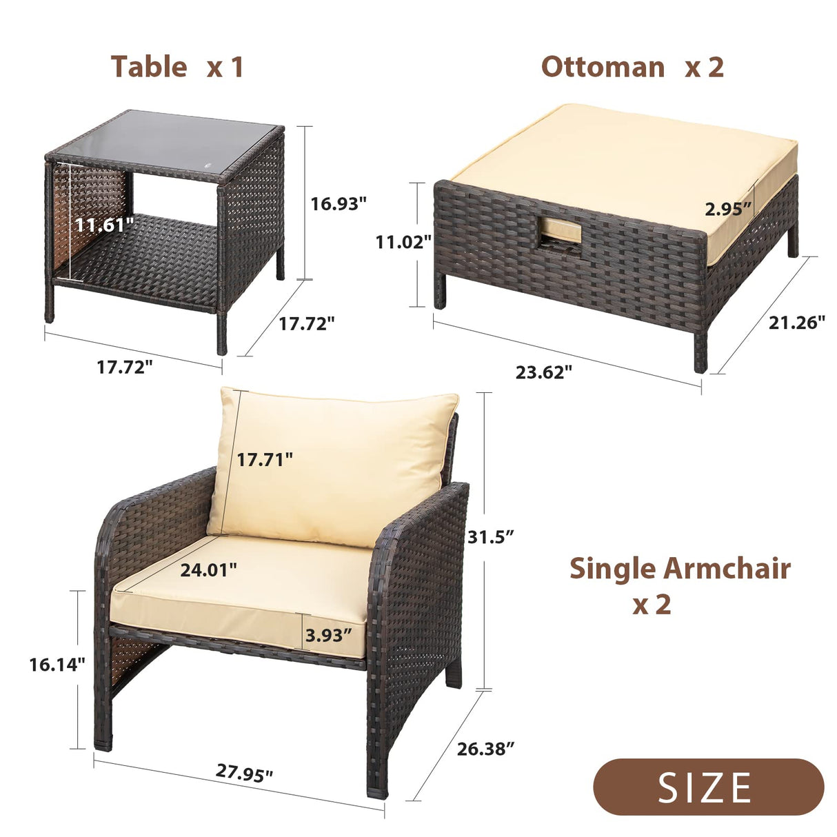 LEVELEVE Balcony Furniture 5 Piece Patio Conversation Set, PE Wicker Rattan Outdoor Lounge Chairs with Soft Cushions 2 Ottoman&Glass Table for Porch, Lawn-Brown Wicker LEVELEVE