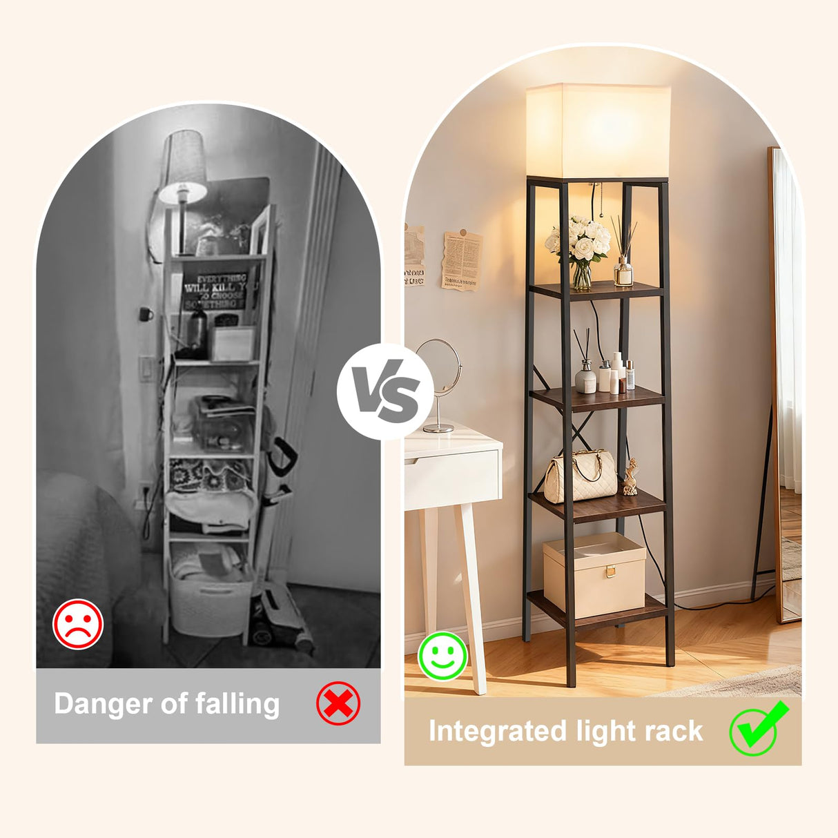 Jetfans Ladder Shelf with Lamp, 4-Tier Bookshelf Bookcase, Freestanding Corner Storage Shelve for Home Office, Living Room, Kitchen, Bedroom, Industrial, Rustic Brown Jetfans
