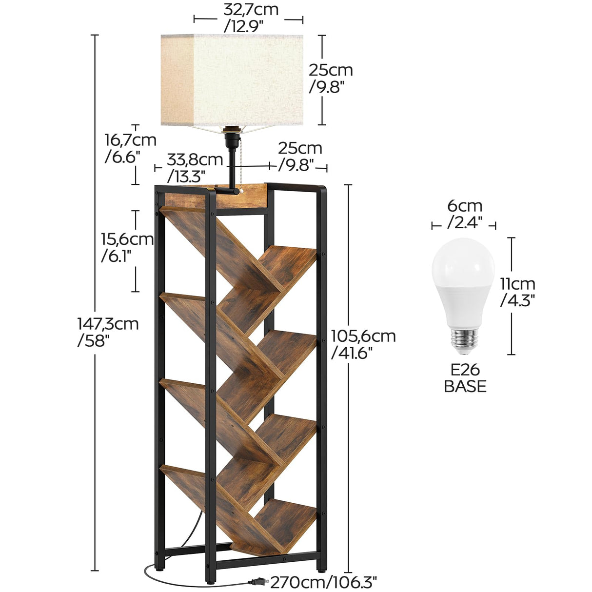 YATINEY Tree Bookshelf with Light, 6 Tier Book Shelf, Wooden Bookcase for Narrow Space, Floor Standing Tall Bookshelf, Industrial Corner Display Shelf, Rustic Brown SJ08DBR YATINEY