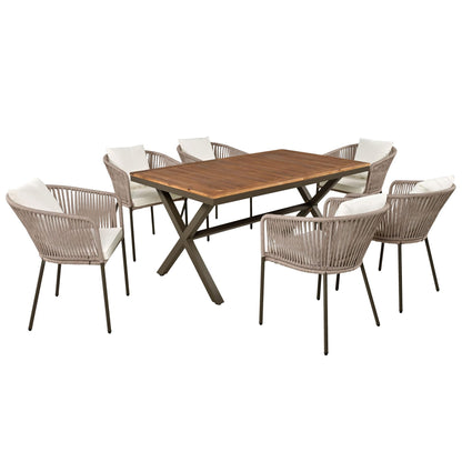 Modern 7 Pieces Patio Dining Set,Dining Table and Chairs, Acacia Wood Tabletop, Metal Frame,Outdoor Furniture Set for Garden, Backyard, Balcony (Beige/Rope1)