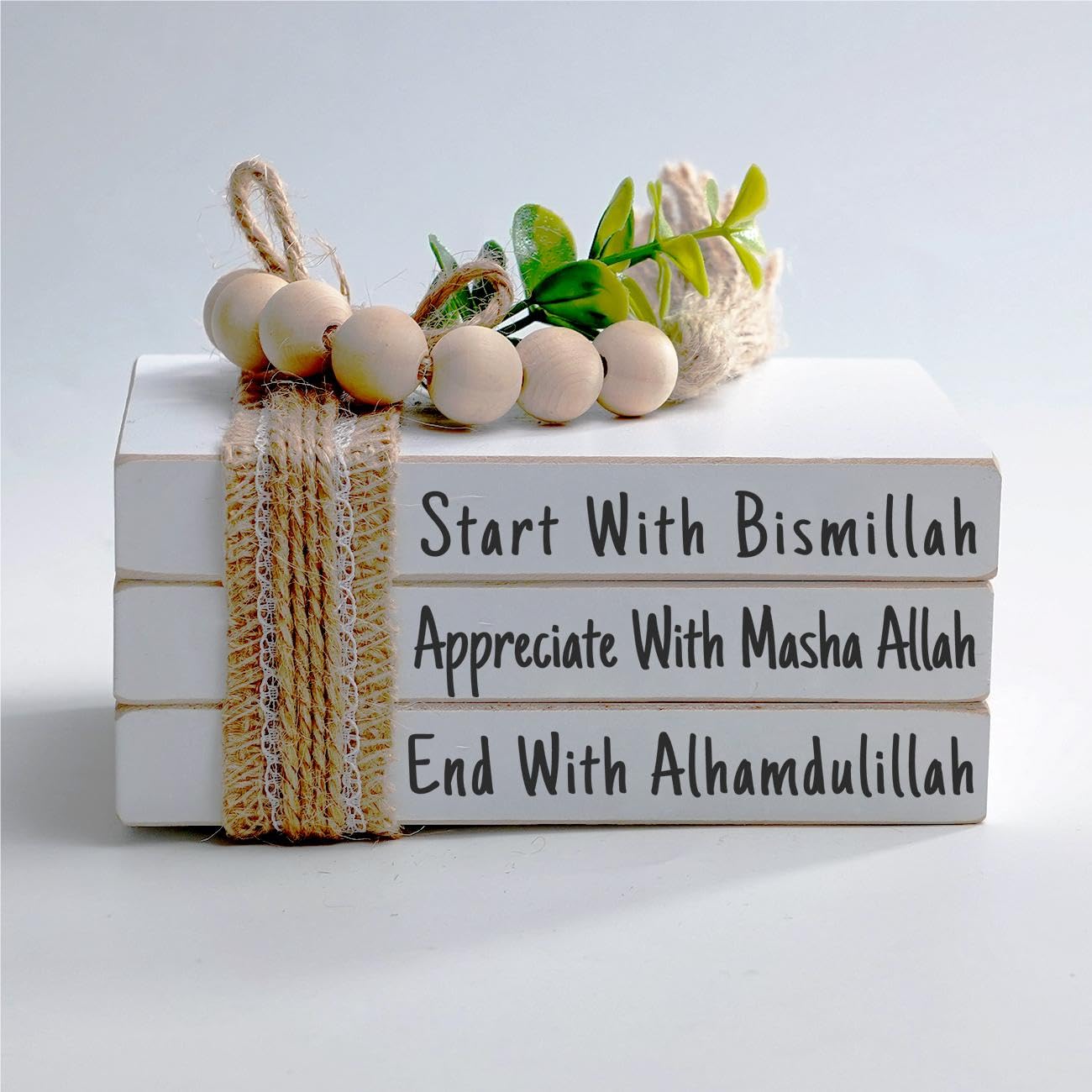 Farmhouse Mini Book Stack, Start With Bismillah End With Alhamdulillah, Islamic Wooden Home Decor, Muslim Tier Tray Eid Decorations