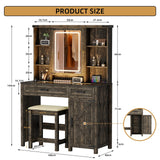 GlasFlength Farmhouse Makeup Vanity Desk with Mirror & Light, 40'' Glass Tabletop Vanity Table with 2 Drawers & Hidden Jewelry Cabinet, Rustic Big Vanity Charging Station Set, Stool Included, Bedroom GlasFlength